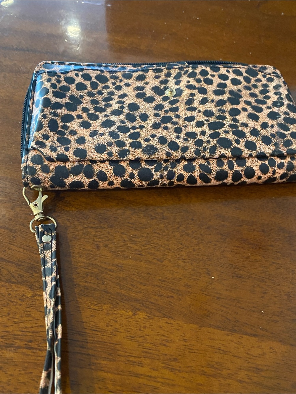 Leopard Print Zip Wristlet Wallet - Rose Gold and Black